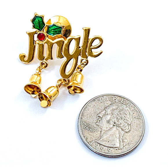 Avon Jingle Bells Tac Pin - Shiny Gold Tone with 2 Dangling Bell, Enamel Holly - Picture 2 of 7